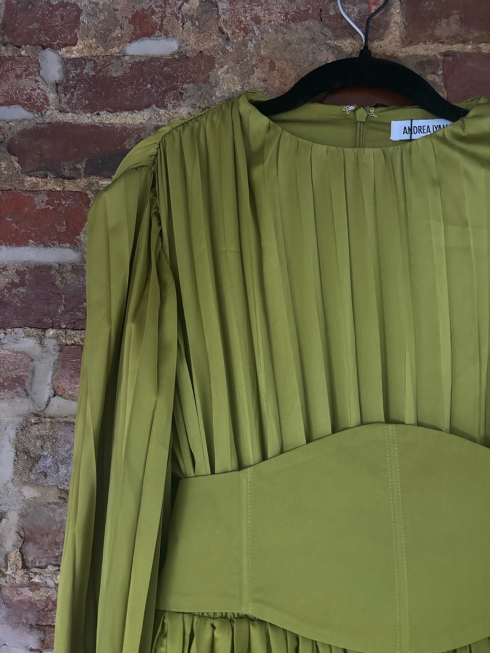 Andrea Iyamah Olive Pleated Long-Sleeve Mini Dress - Picture 6 of 9